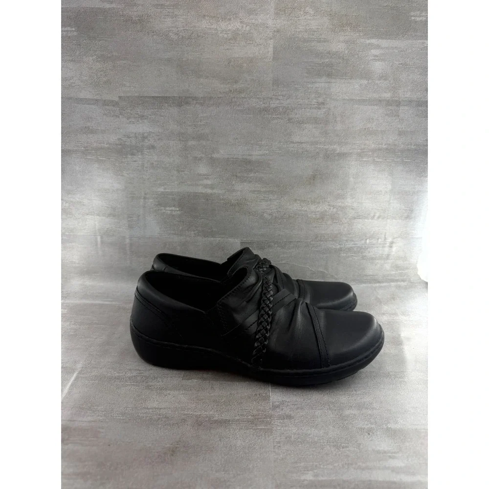 Clarks Collection Black Leather Pleated Braided Loafers Women Sz 8.5M